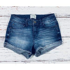 Mudd FLX Stretch Womens Jean Shorts Sz 3 Denim Booty Raw Rolled Hem Blue Shorty